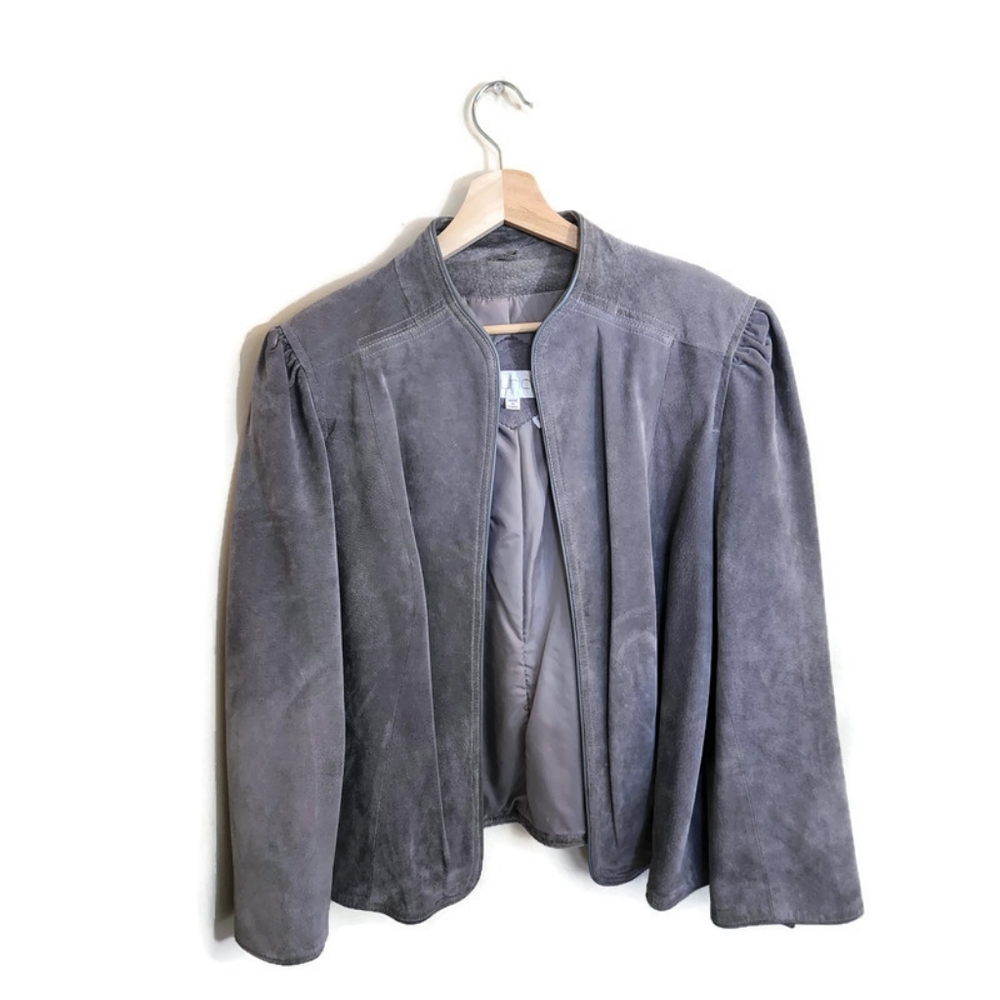 LAURICE Vintage Genuine Leather Gray Long Sleeve Open Front Leather Jacket 38